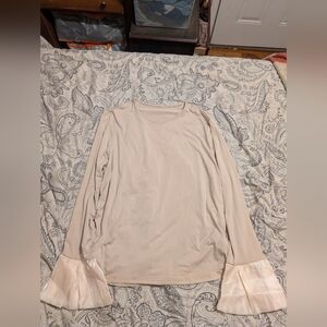 Pleated Mesh Patchwork Bell Sleeve Blouse